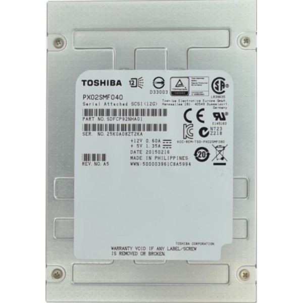Hard disk server TOSHIBA 400GB SSD 2.5 SAS MLC 12Gbps PX02SMF040 SDFCP92NKA01 100% LIFE