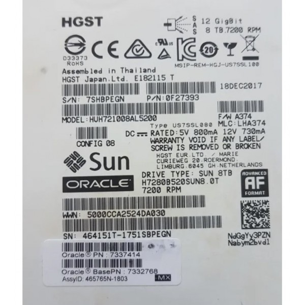 Hard disk server NOU desigilat Sun Oracle SAS 12Gb 8Tb 7200 RPM 256Mb cache 7337414 7332768 HUH721008AL5200 0F27393