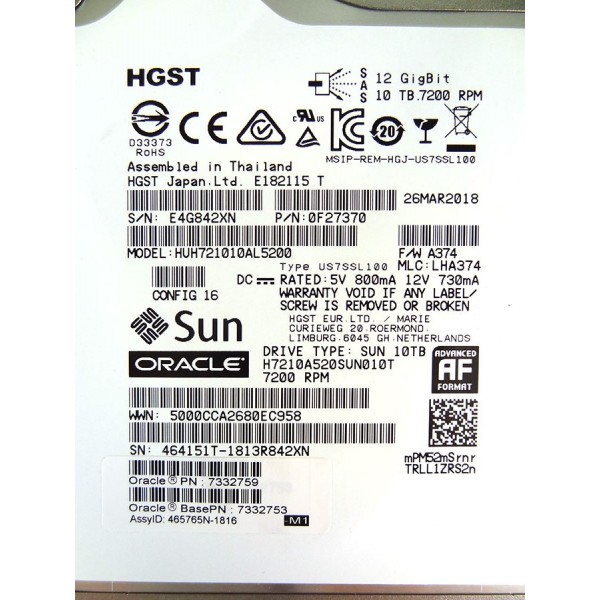 Hard disk server NOU desigilat Sun Oracle SAS 12Gb 10Tb 7200 RPM 256Mb cache 7332759 7332753 HUH721010AL5200 0F27370 12 luni garantie